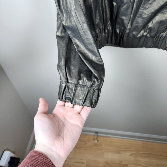 French Connection Bomber Jacket Womens Olive Green Metallic Coated Linen Y2K - Picture 9 of 13